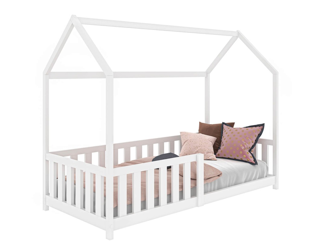 Gyerekágy 80x160cm Házikó D7, korláttal és ágyrácsos fehér