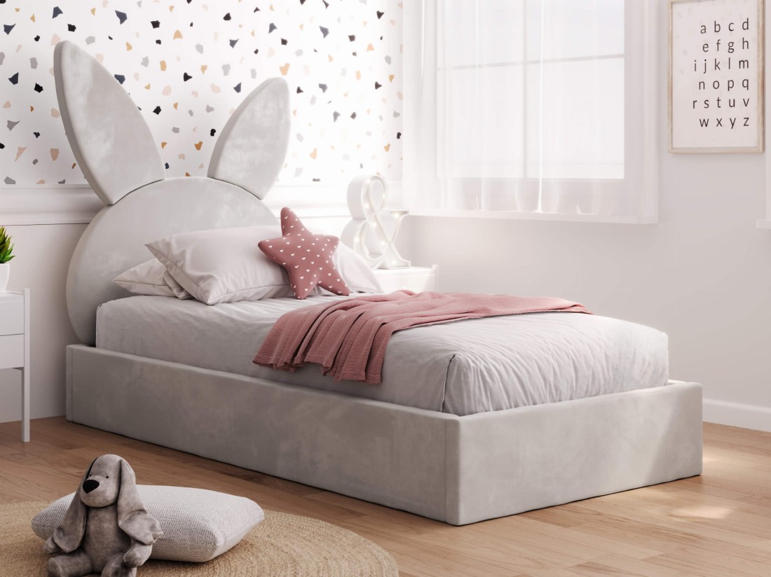 Kárpitozott gyerekágy kerettel 90x200 szürke Velvet Kids Line 2 Nyúl