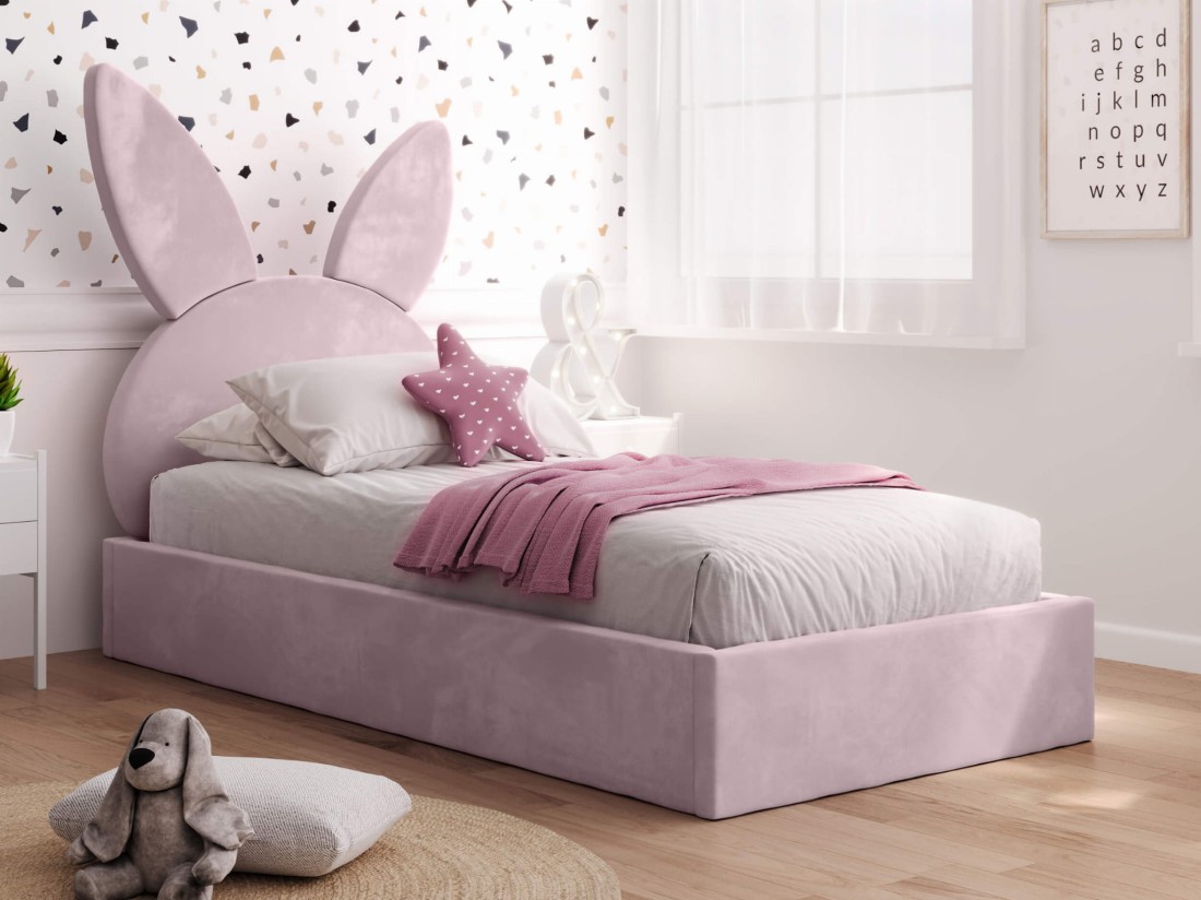 Kárpitozott gyerekágy kerettel 90x200 rózsaszín Velvet Kids Line 2 Nyúl