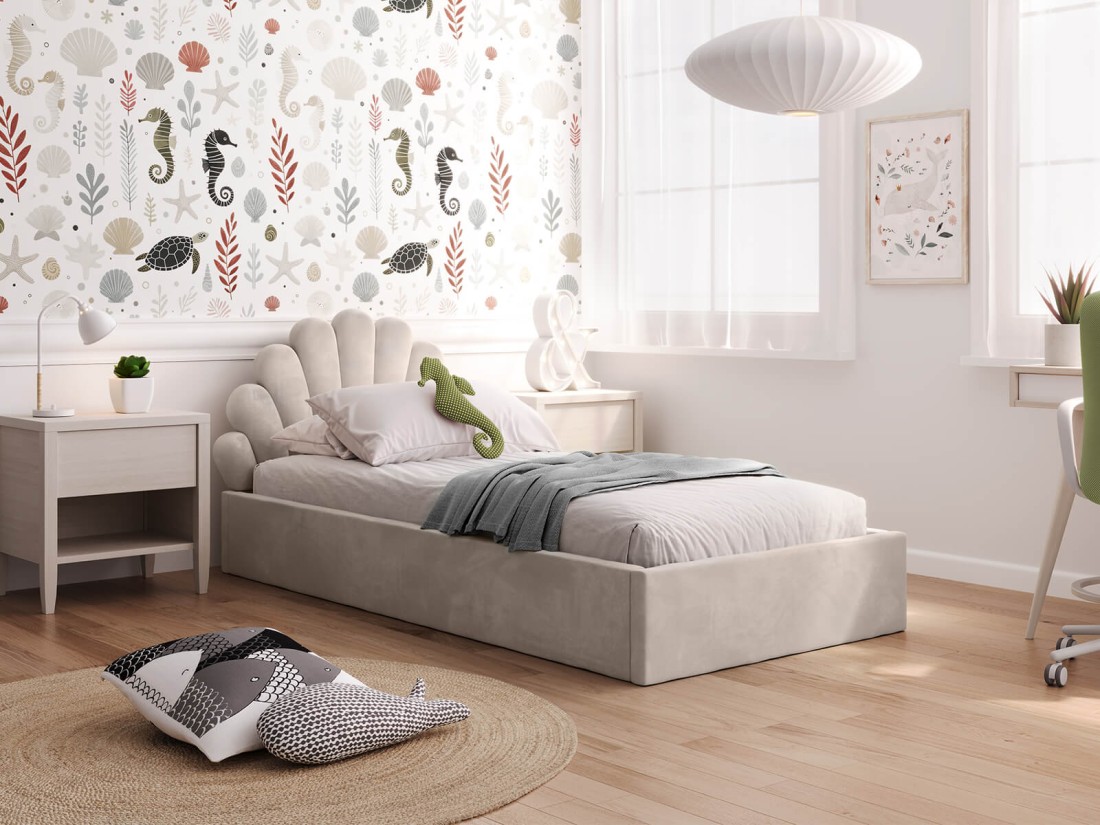 Kárpitozott gyerekágy 90x200 kerettel, bézs Velvet Kids Line 3 Kagyló
