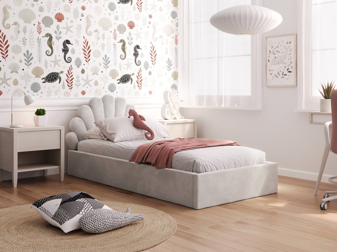 Kárpitozott gyerekágy 90x200 kerettel, szürke Velvet Kids Line 3 Kagyló