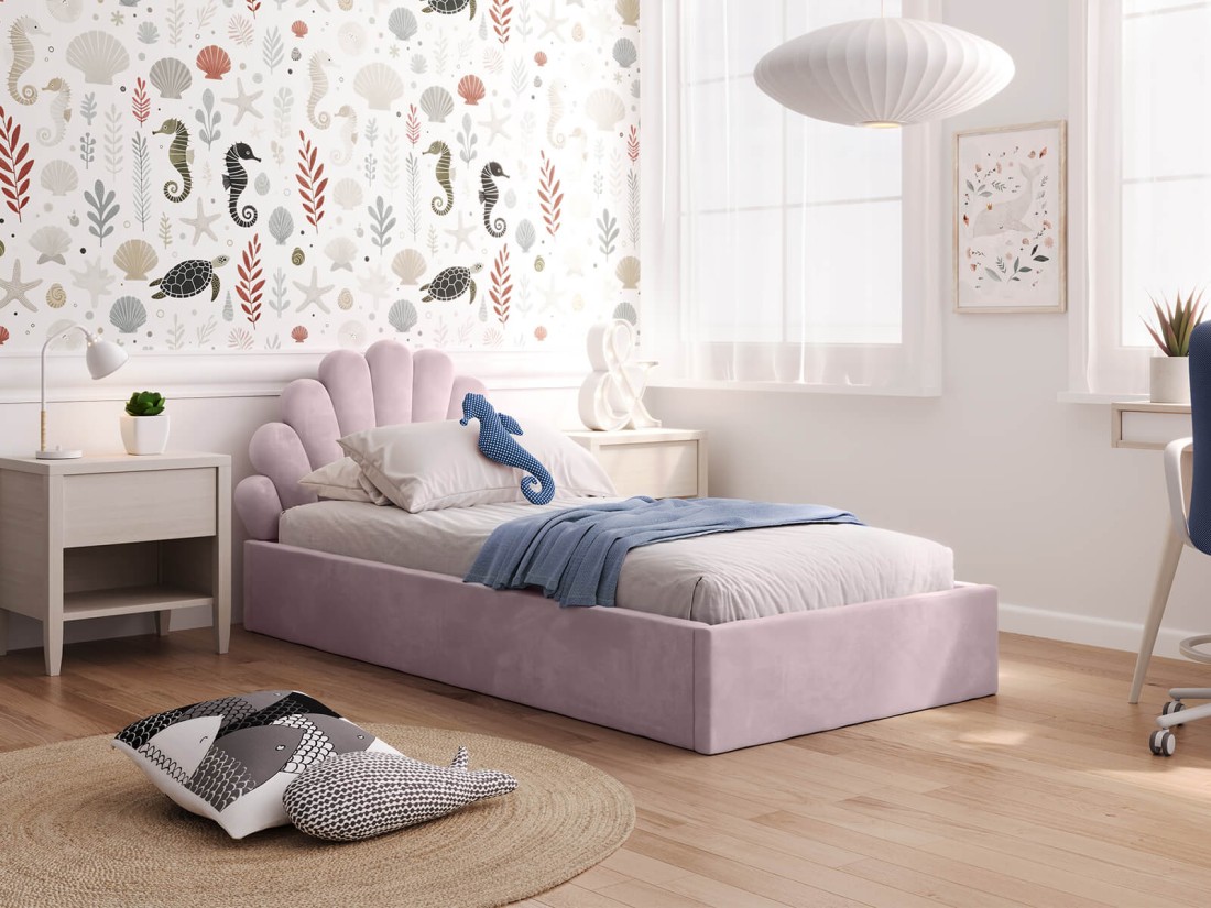 Kárpitozott gyerekágy 90x200 kerettel, rózsaszín Velvet Kids Line 3 Kagyló
