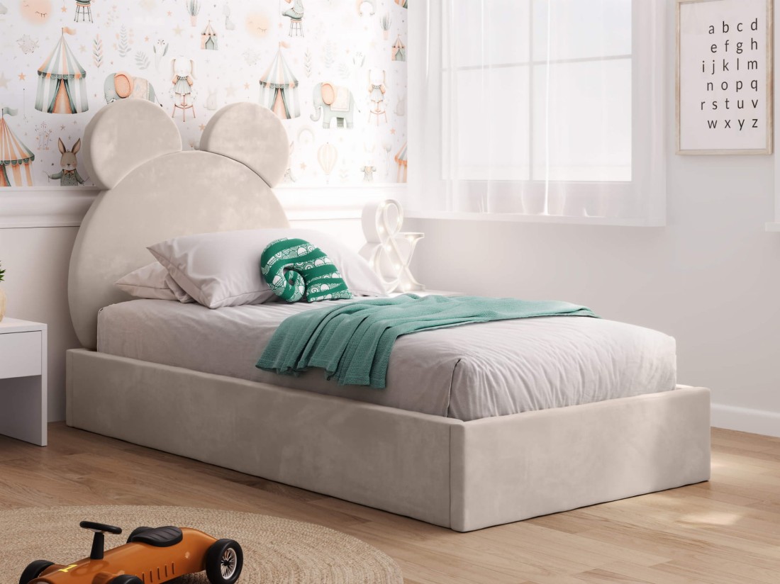 Kárpitozott gyerekágy 90x200-as konténerrel és kerettel, bézs színű Velvet Kids Line 1 Mackó