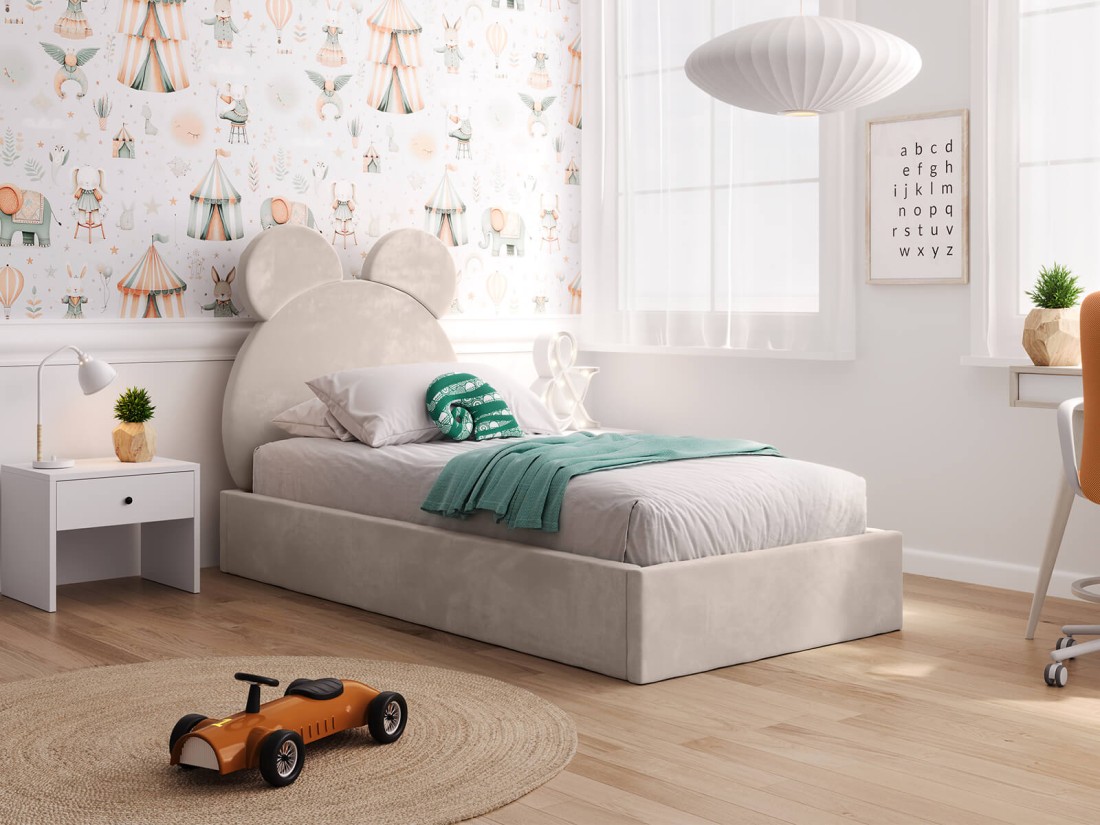 Kárpitozott gyerekágy 90x200-as konténerrel és kerettel, bézs színű Velvet Kids Line 1 Mackó