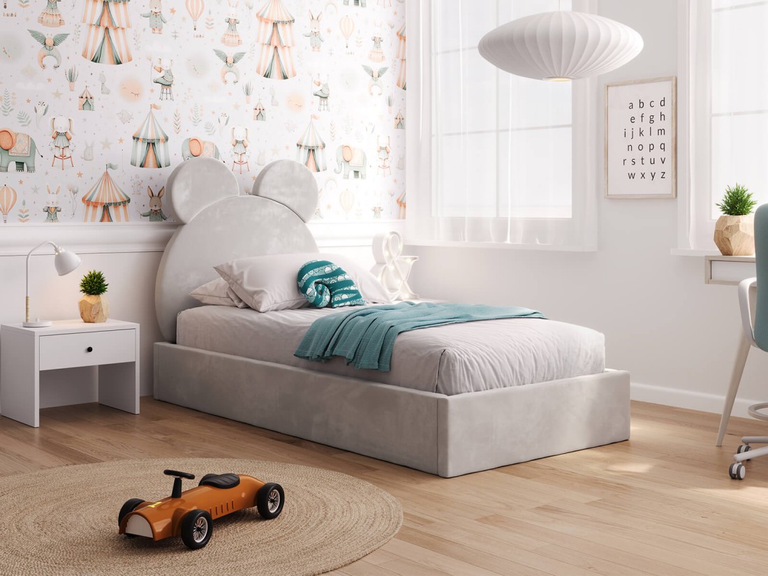 Kárpitozott gyerekágy 90x200-as konténerrel és kerettel, szürke színű Velvet Kids Line 1 Mackó