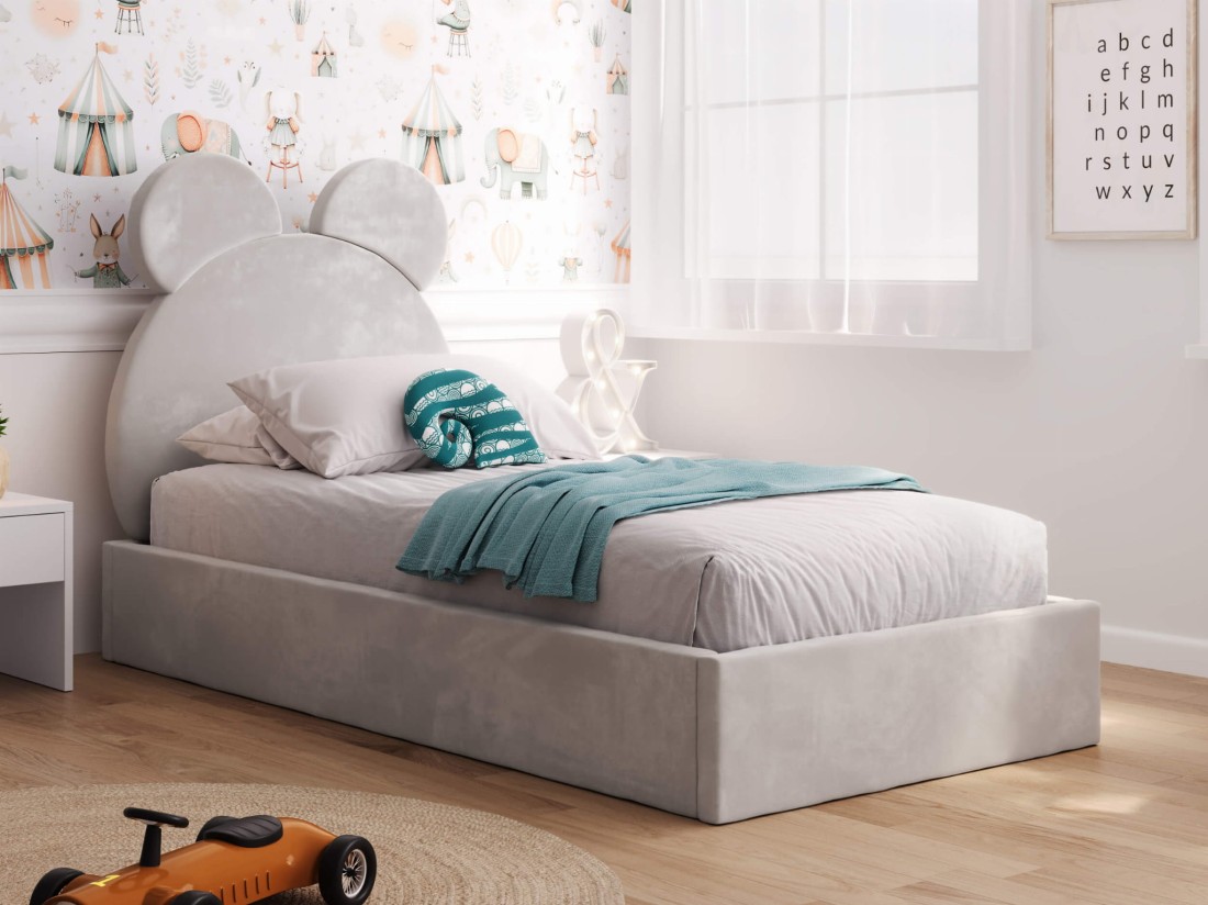 Kárpitozott gyerekágy 90x200-as konténerrel és kerettel, szürke színű Velvet Kids Line 1 Mackó