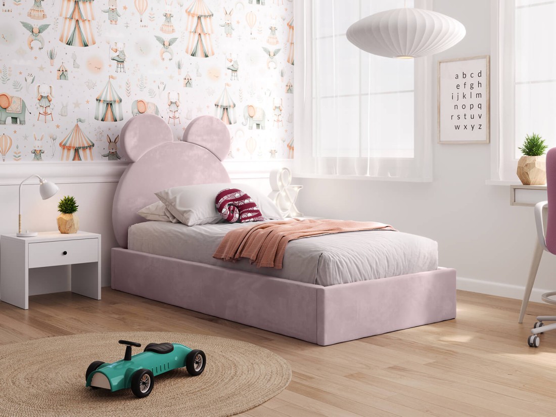 Kárpitozott gyerekágy 90x200-as konténerrel és kerettel, rózsaszín színű Velvet Kids Line 1 Mackó
