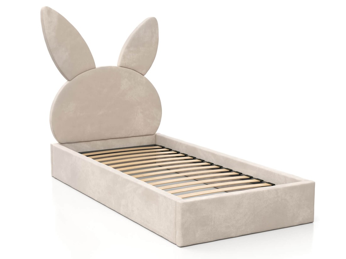 Kárpitozott gyerekágy 90x200 as konténerrel és kerettel, bézs színű Velvet Kids Line 2 Nyúl