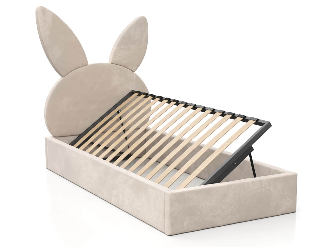 Kárpitozott gyerekágy 90x200 as konténerrel és kerettel, bézs színű Velvet Kids Line 2 Nyúl