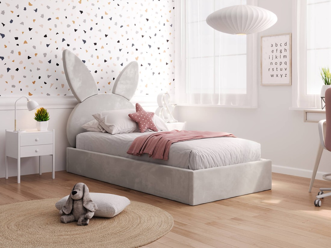 Kárpitozott gyerekágy 90x200 as konténerrel és kerettel, szürke színű Velvet Kids Line 2 Nyúl
