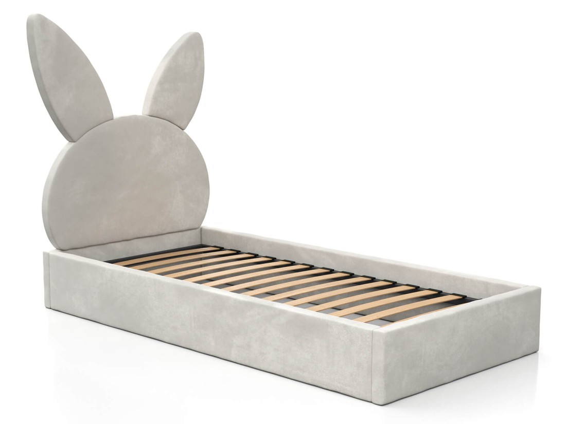 Kárpitozott gyerekágy 90x200 as konténerrel és kerettel, szürke színű Velvet Kids Line 2 Nyúl