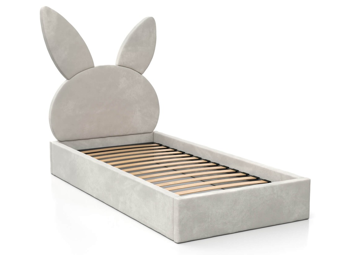 Kárpitozott gyerekágy 90x200 as konténerrel és kerettel, szürke színű Velvet Kids Line 2 Nyúl