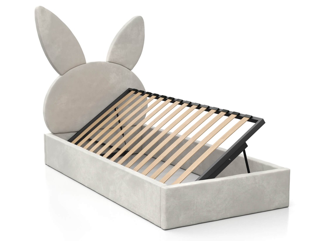 Kárpitozott gyerekágy 90x200 as konténerrel és kerettel, szürke színű Velvet Kids Line 2 Nyúl