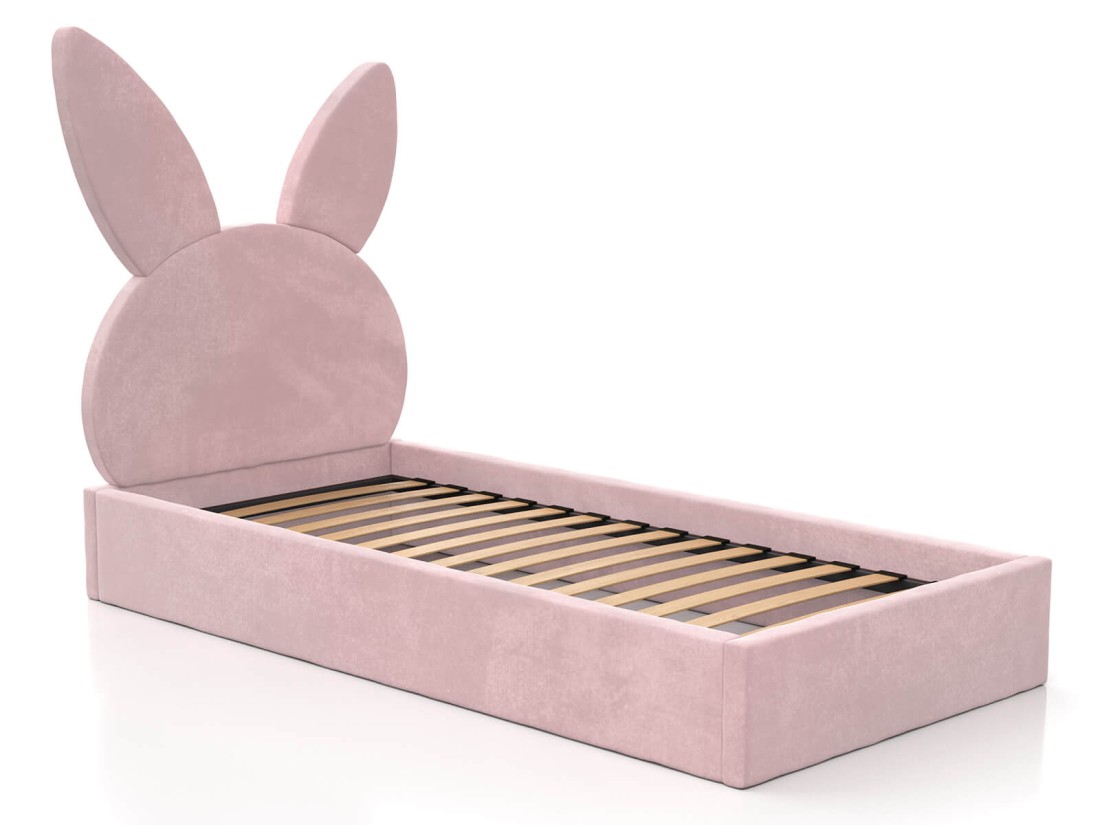 Kárpitozott gyerekágy 90x200 as konténerrel és kerettel, rózsaszín színű Velvet Kids Line 2 Nyúl