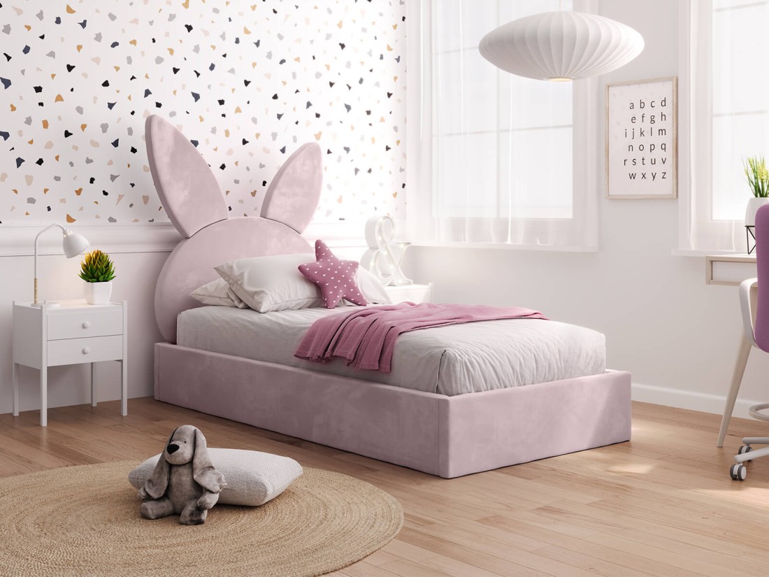 Kárpitozott gyerekágy 90x200 as konténerrel és kerettel, rózsaszín színű Velvet Kids Line 2 Nyúl