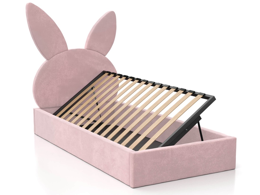 Kárpitozott gyerekágy 90x200 as konténerrel és kerettel, rózsaszín színű Velvet Kids Line 2 Nyúl