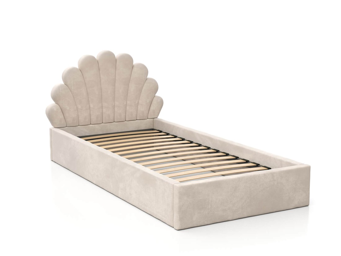 Kárpitozott gyerekágy 90x200 as konténerrel és kerettel, bézs színű Velvet Kids Line 3 Kagyló