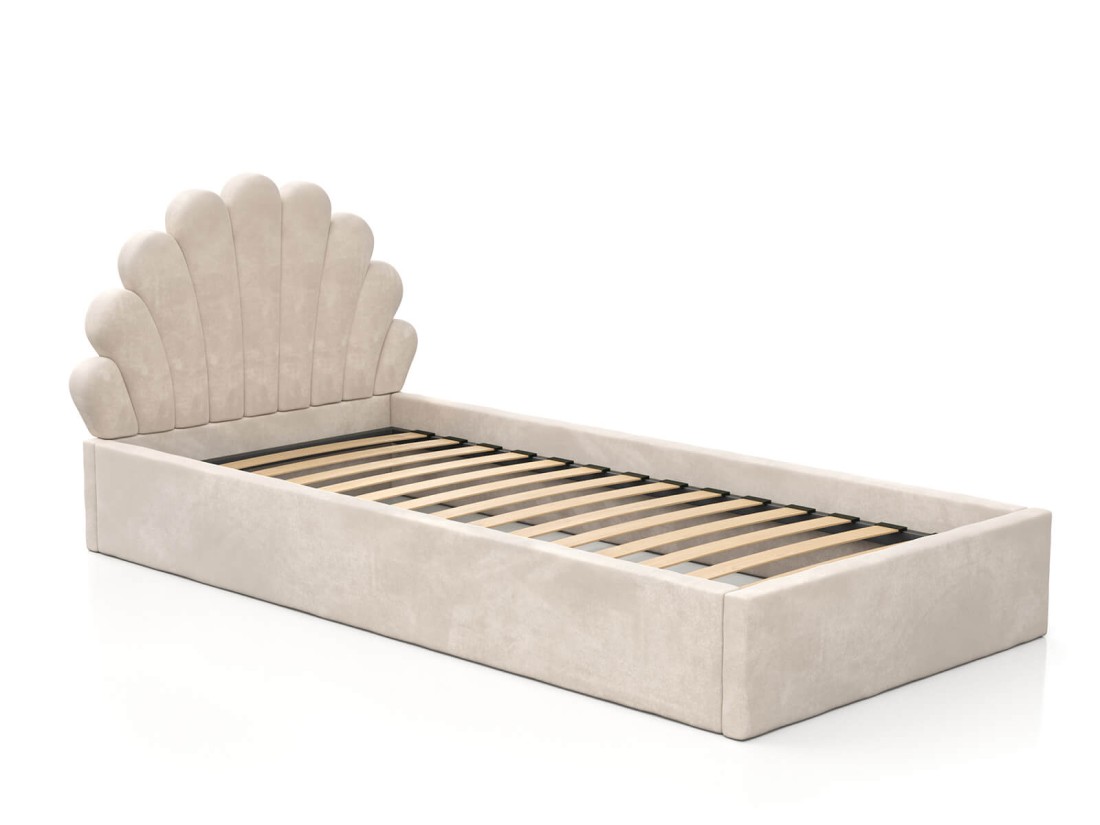 Kárpitozott gyerekágy 90x200 as konténerrel és kerettel, bézs színű Velvet Kids Line 3 Kagyló