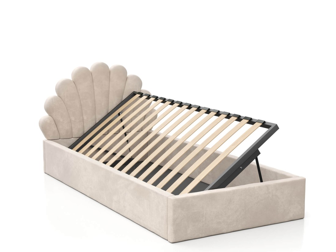 Kárpitozott gyerekágy 90x200 as konténerrel és kerettel, bézs színű Velvet Kids Line 3 Kagyló