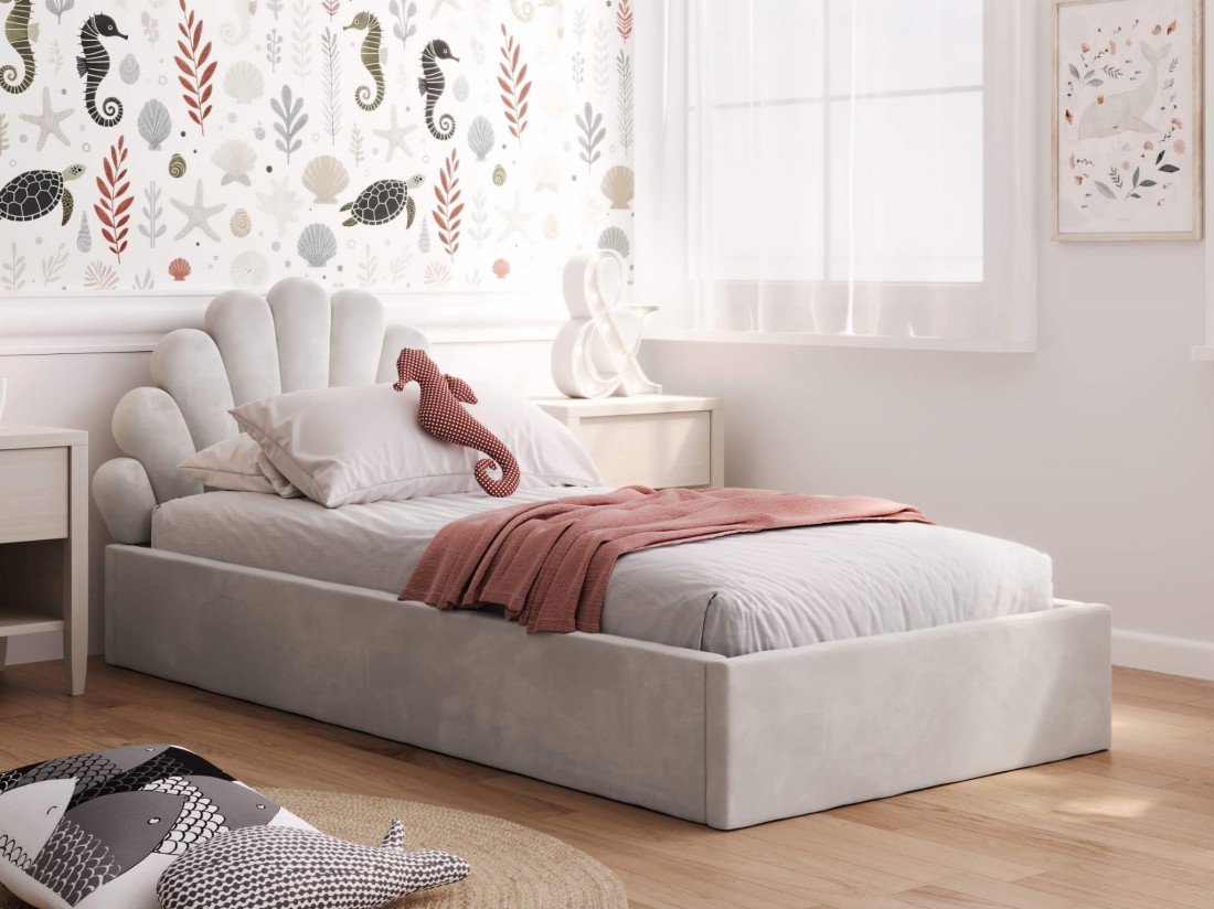 Kárpitozott gyerekágy 90x200 as konténerrel és kerettel, szürke színű Velvet Kids Line 3 Kagyló