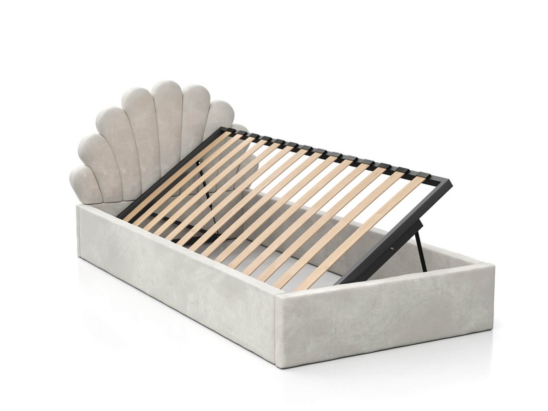 Kárpitozott gyerekágy 90x200 as konténerrel és kerettel, szürke színű Velvet Kids Line 3 Kagyló