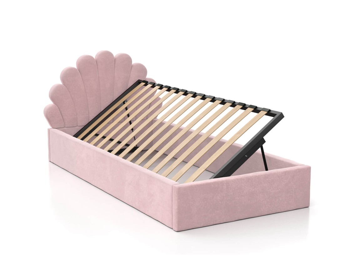 Kárpitozott gyerekágy 90x200 as konténerrel és kerettel, rózsaszín színű Velvet Kids Line 3 Kagyló