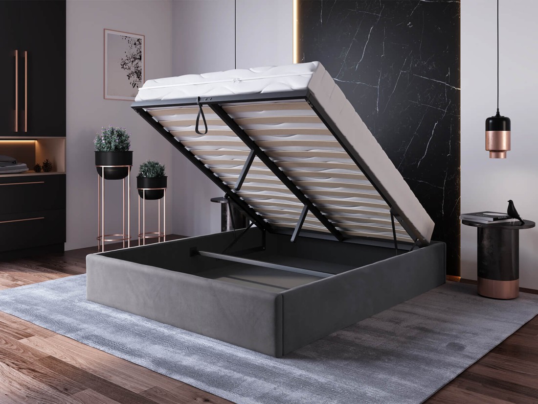 Kárpitozott ágy tárolóhellyel 160x200 fejtámla nélkül  BOX Line Grafit Velvet