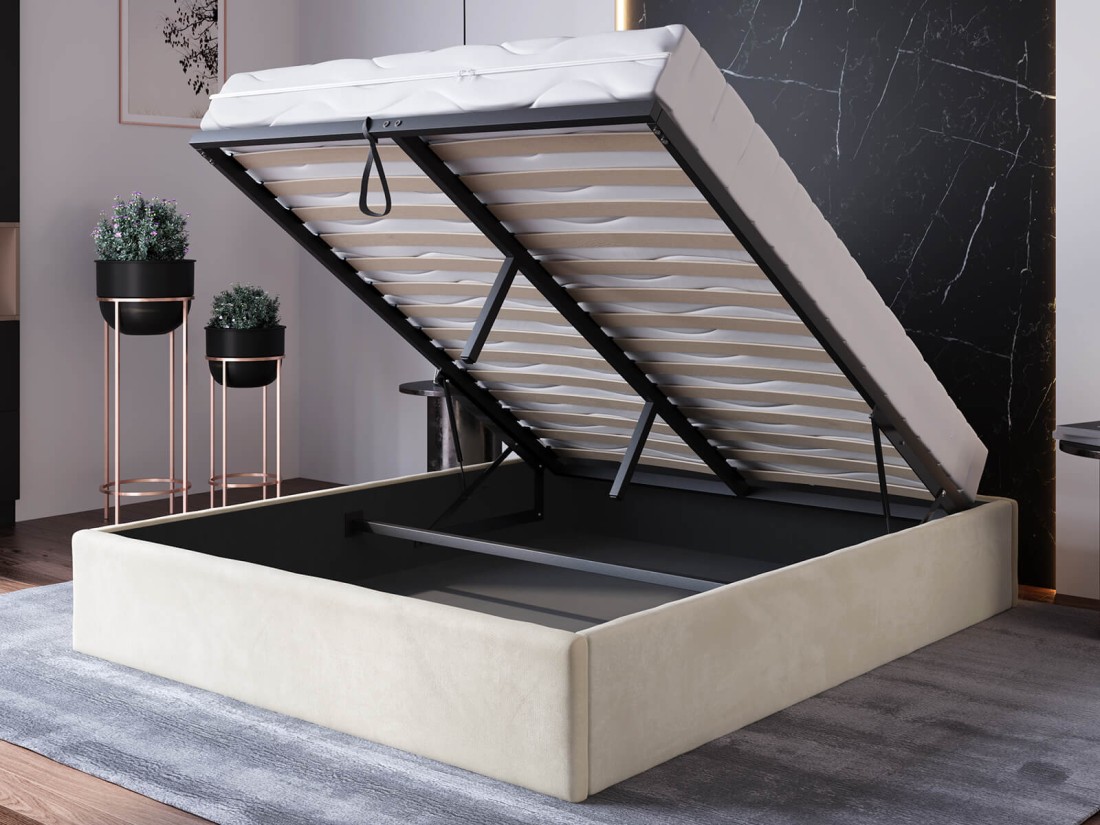 Kárpitozott ágy tárolóhellyel 140x200 fejtámla nélkül  BOX Line Bézs Velvet