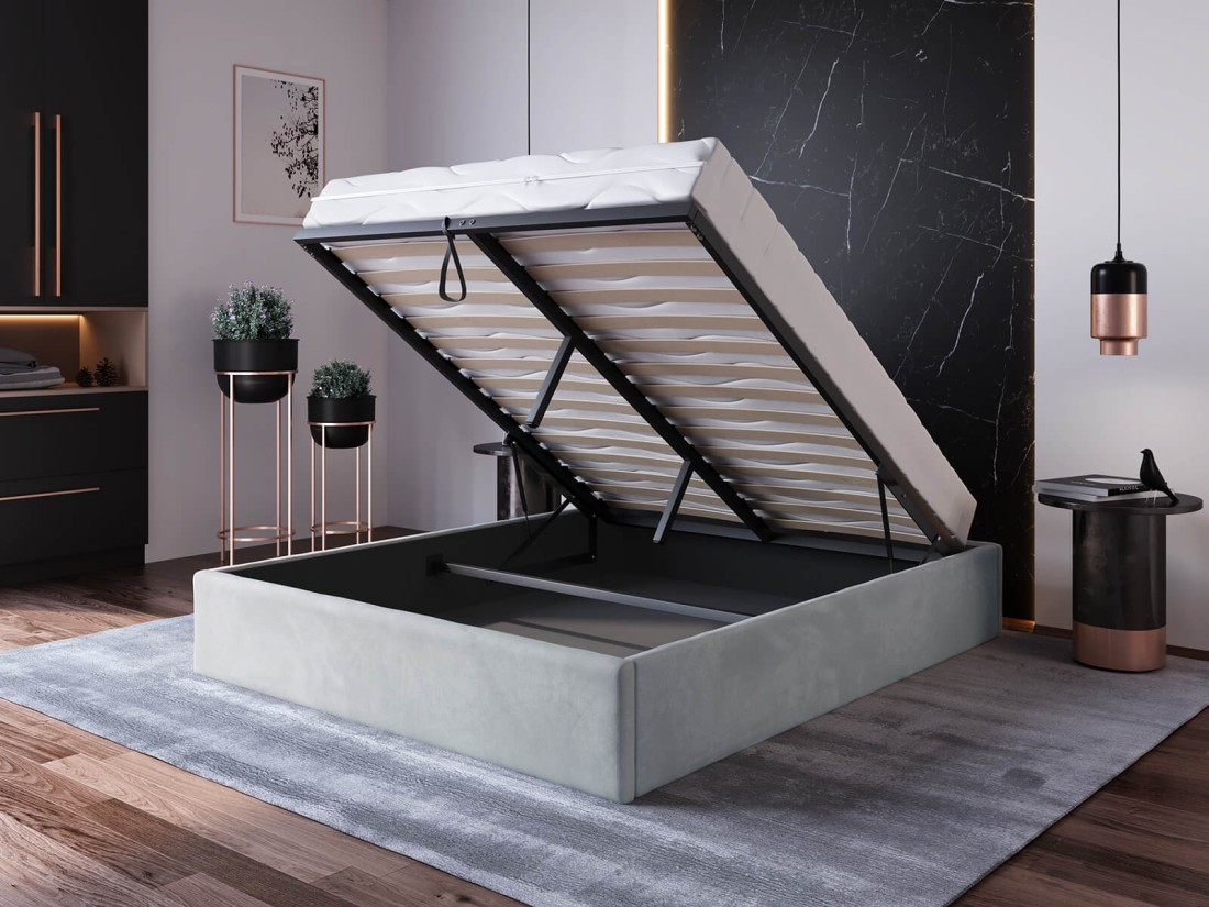 Kárpitozott ágy tárolóhellyel 160x200 fejtámla nélkül  BOX Line Szürke Velvet