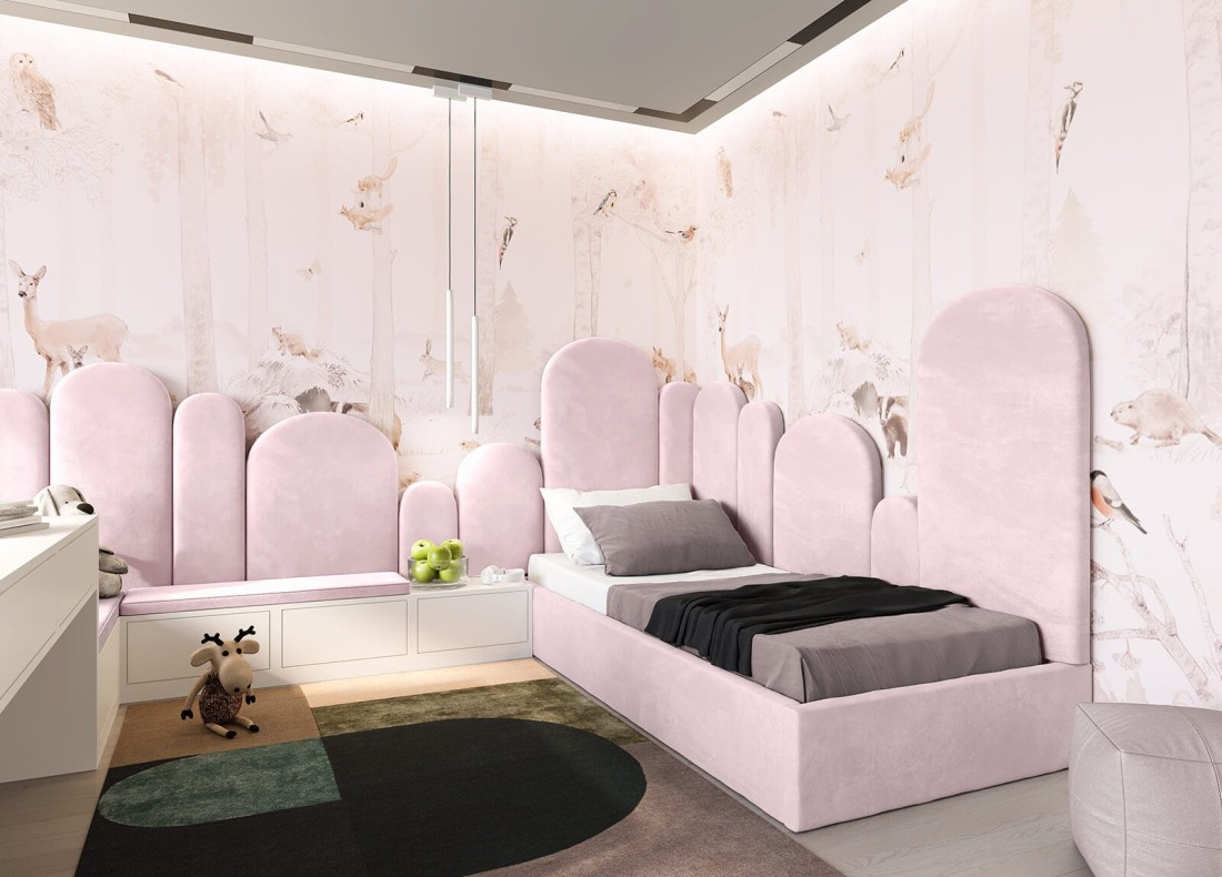 Kárpitozott gyerekágy 90x200 as konténerrel és kerettel, rózsaszín színű Velvet Kids Line Box