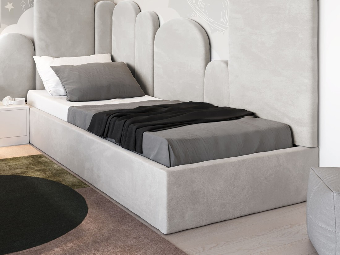 Kárpitozott gyerekágy 90x200 as konténerrel és kerettel, szürke színű Velvet Kids Line Box