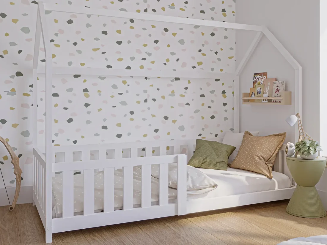 Gyerekágy 80x160cm Házikó D7, korláttal és ágyrácsos fehér