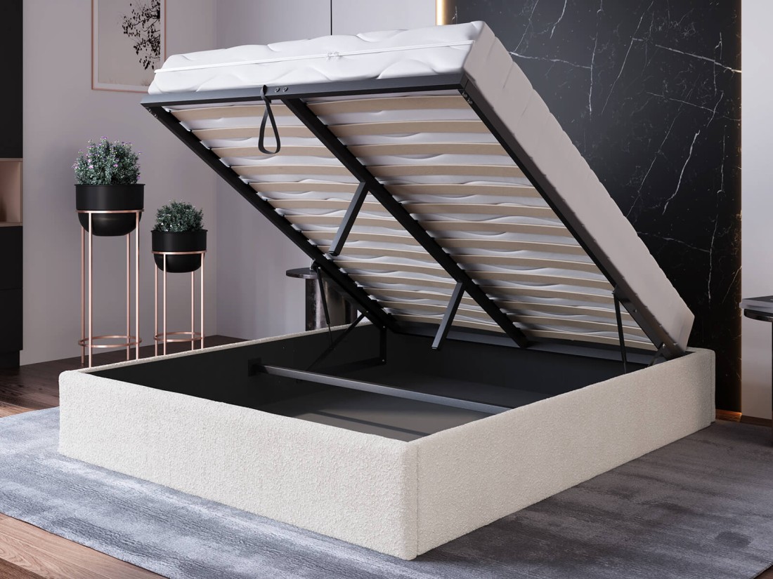 Kárpitozott ágy tárolóhellyel 180x200 fejtámla nélkül  BOX Line Krémszínű Boucle