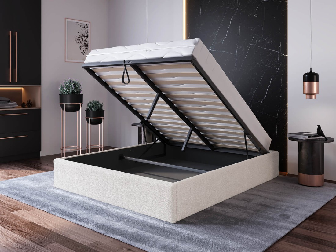 Kárpitozott ágy tárolóhellyel 180x200 fejtámla nélkül  BOX Line Krémszínű Boucle