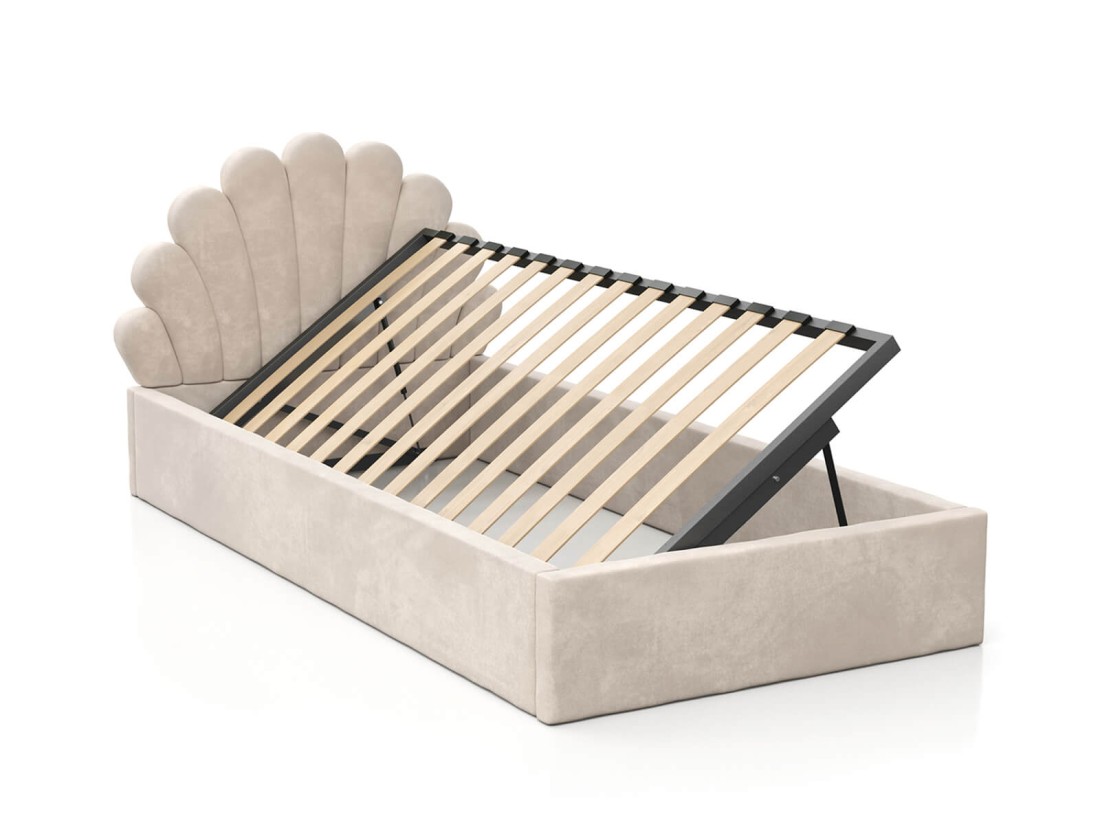 Kárpitozott gyerekágy 90x200 as konténerrel és kerettel, bézs színű Velvet Kids Line 3 Kagyló