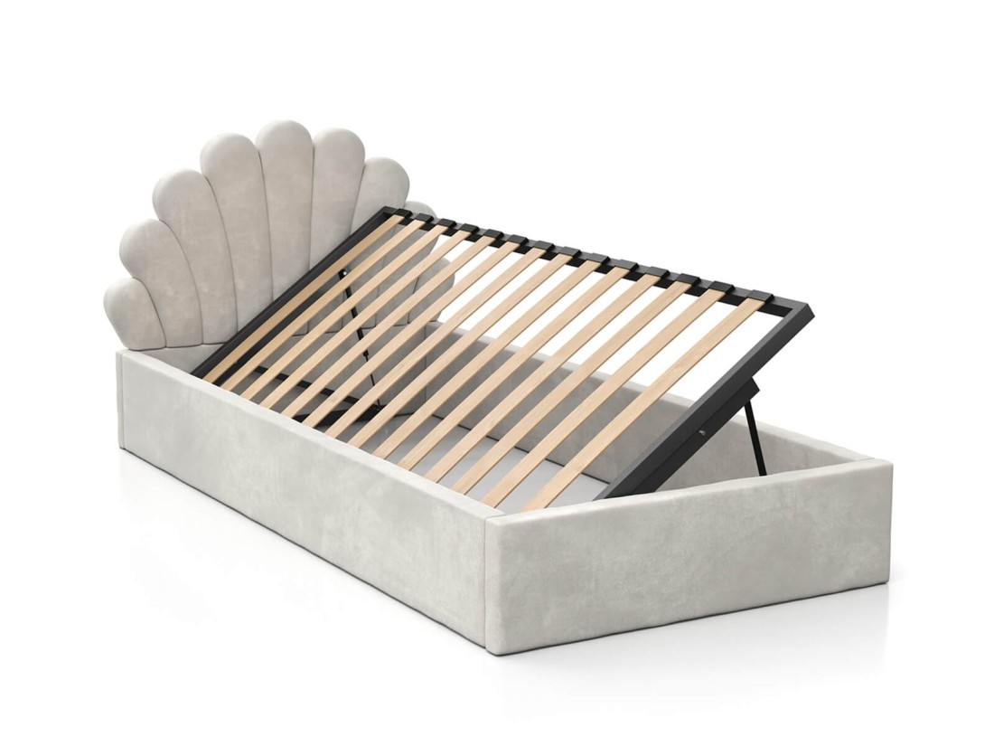 Kárpitozott gyerekágy 90x200 as konténerrel és kerettel, szürke színű Velvet Kids Line 3 Kagyló