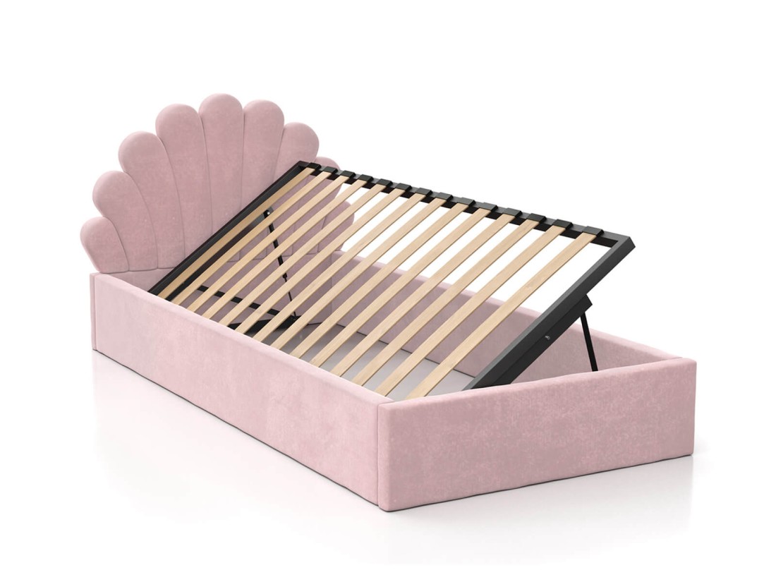Kárpitozott gyerekágy 90x200 as konténerrel és kerettel, rózsaszín színű Velvet Kids Line 3 Kagyló