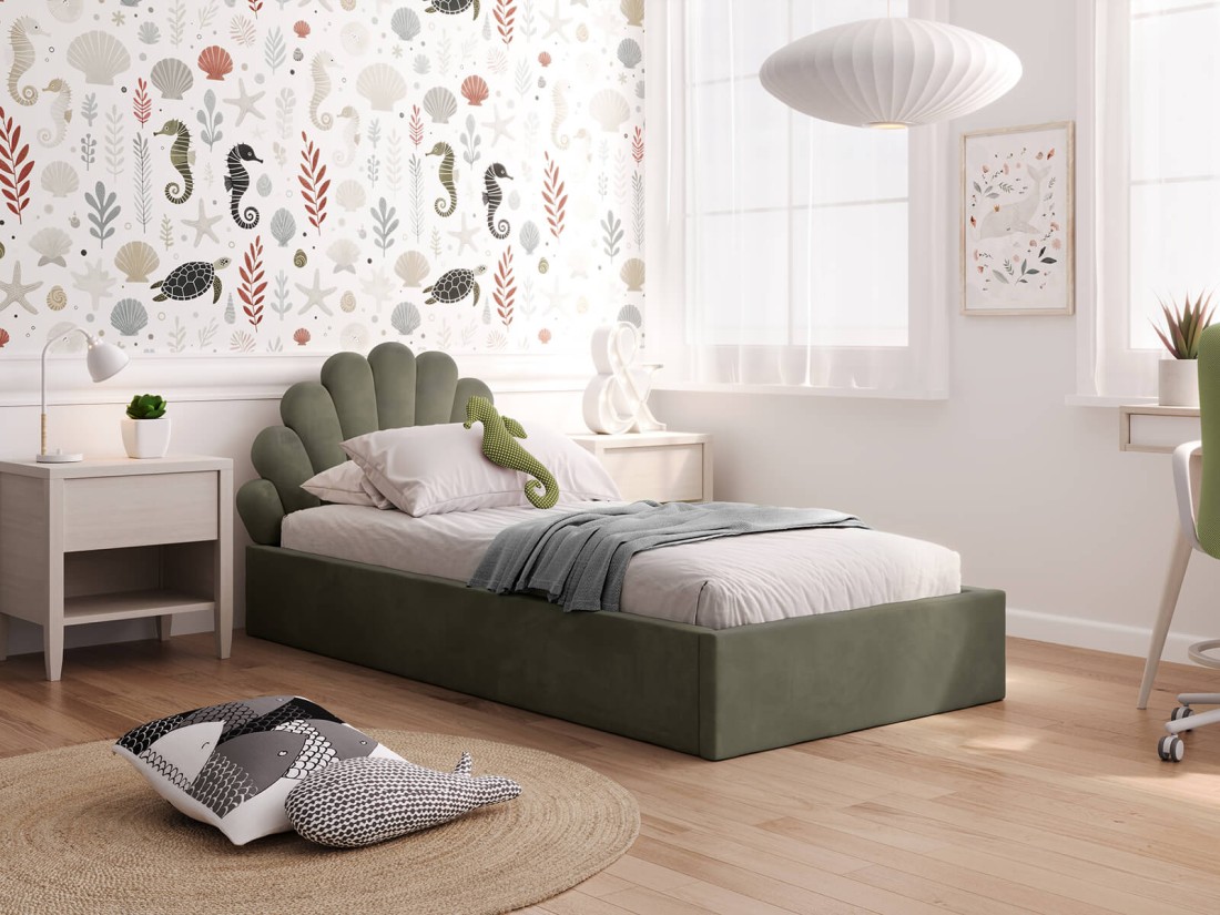 Kárpitozott gyerekágy 90x200 as konténerrel és kerettel, Olíva Velvet Kids Line 3 Kagyló
