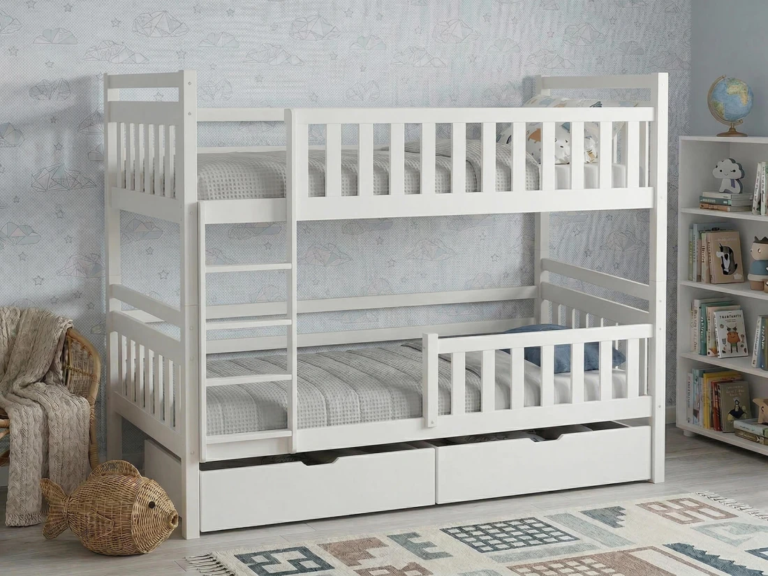 Fából készült emeletes ágy fiókokkal 90x200cm P4S fehér