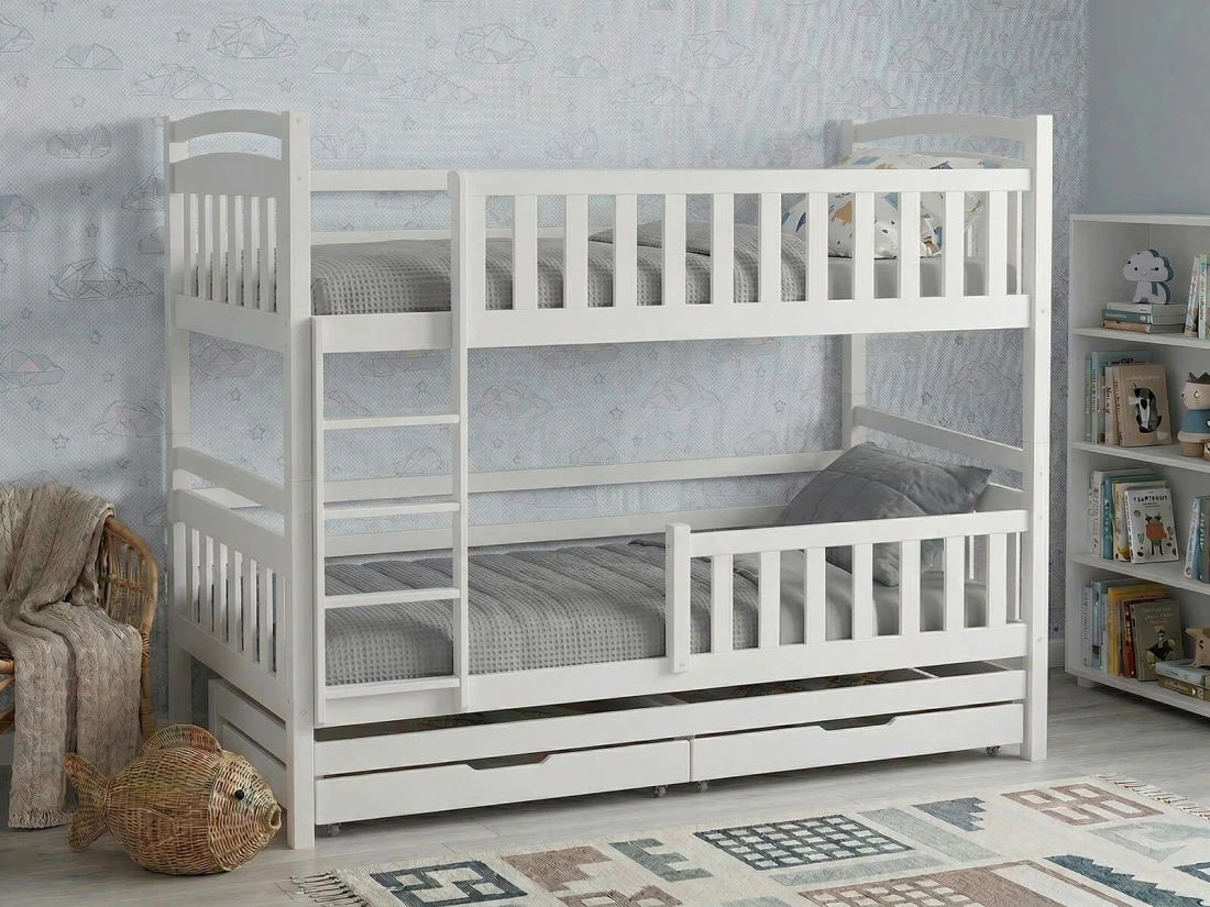 Fából készült emeletes ágy 3 fő részére fiókokkal 90x200 P3S fehér