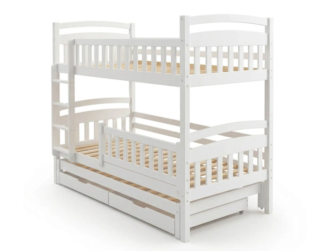 Fából készült emeletes ágy 3 fő részére fiókokkal 90x200 P3S fehér