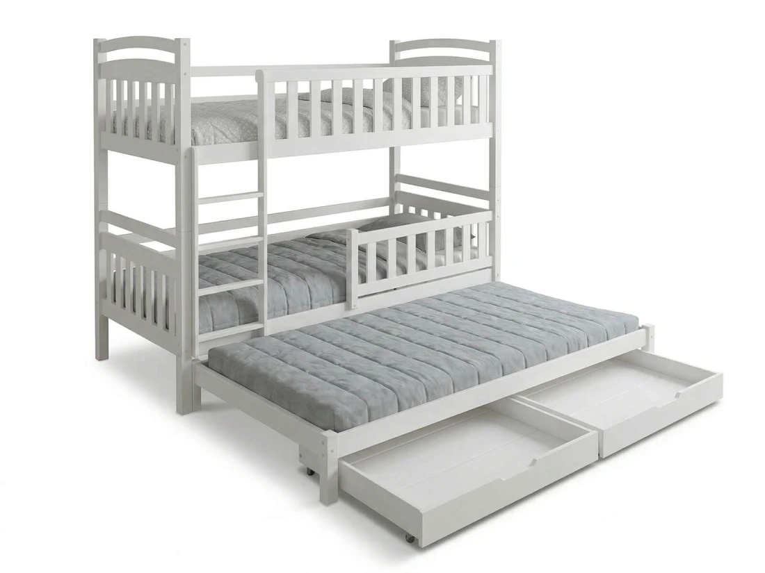 Fából készült emeletes ágy 3 fő részére fiókokkal 90x200 P3S fehér