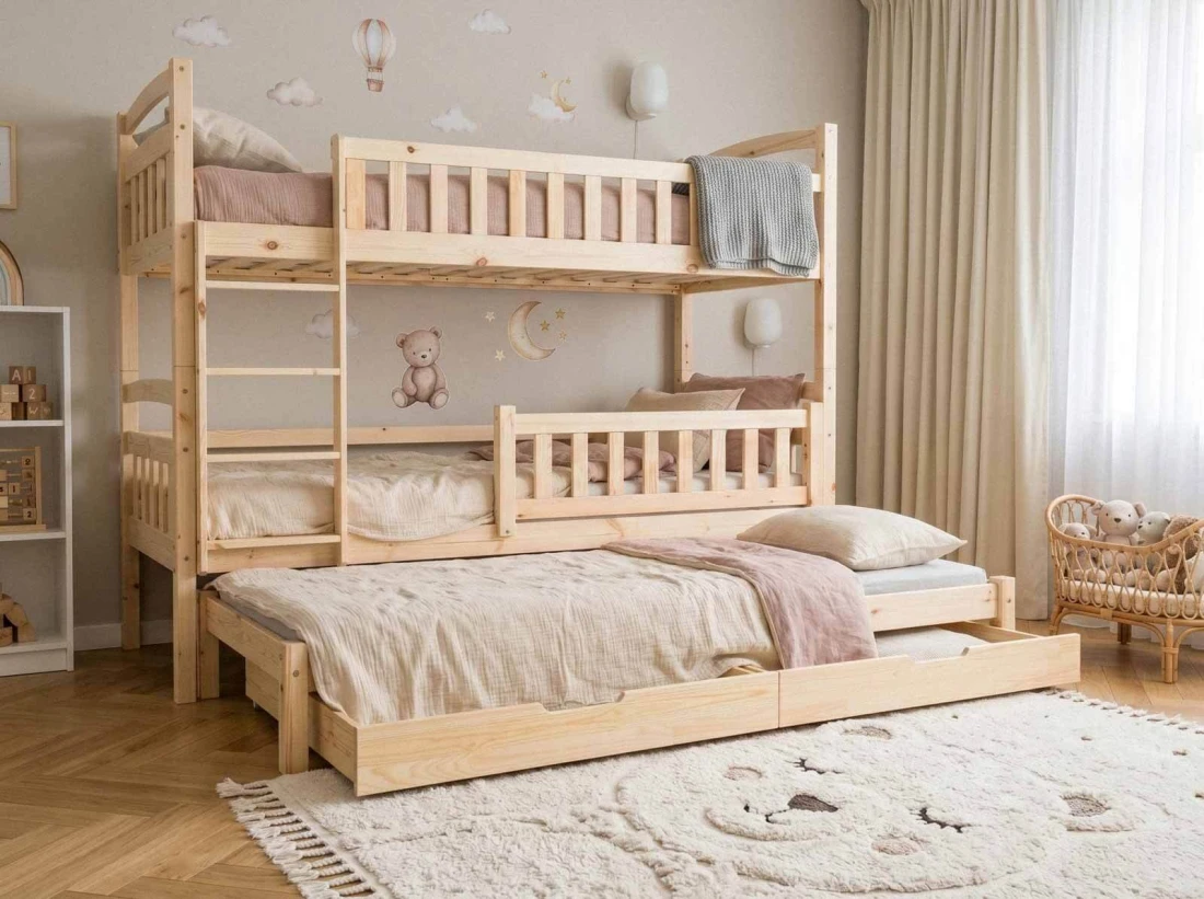 Fából készült emeletes ágy 3 fő részére fiókokkal 90x200 P3S fenyő