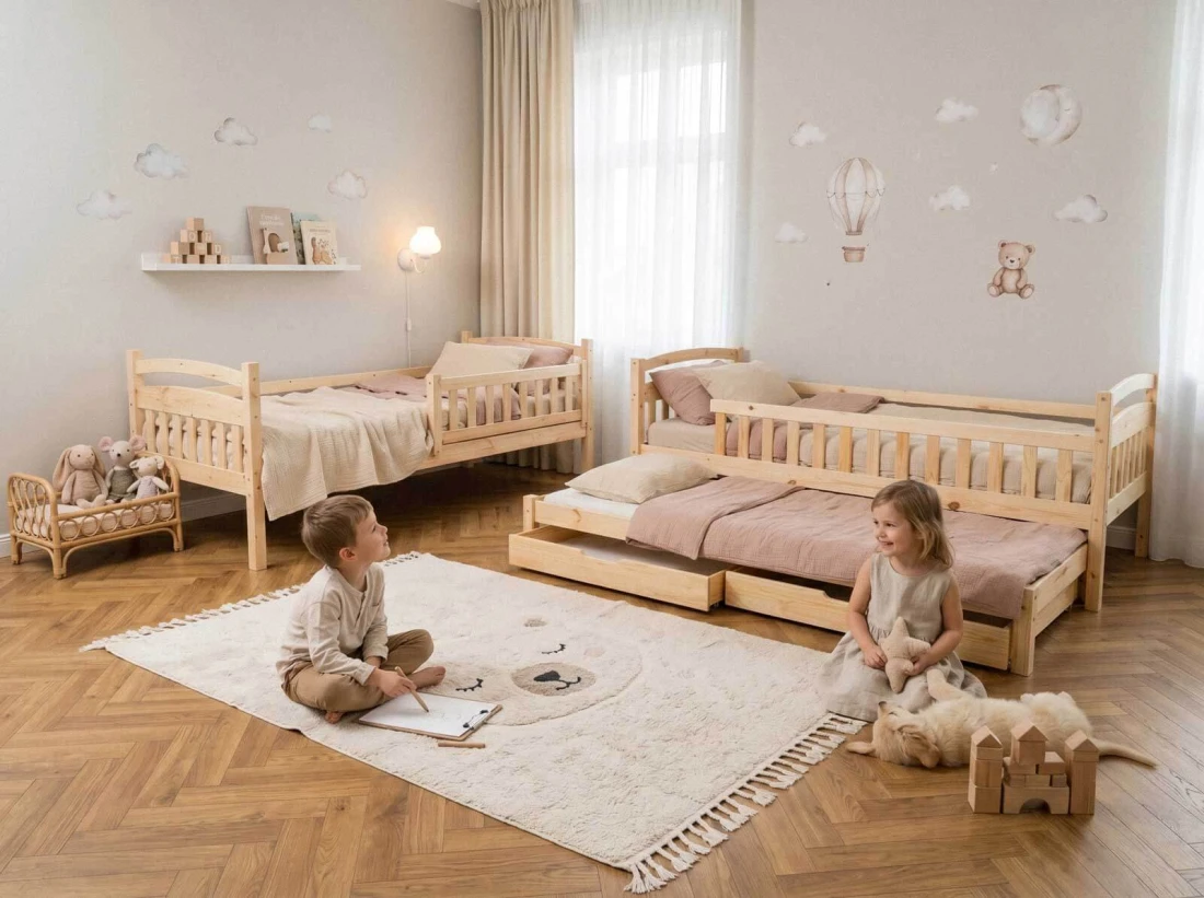 Fából készült emeletes ágy 3 fő részére fiókokkal 90x200 P3S fenyő