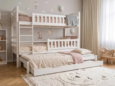 Fából készült emeletes ágy 3 fő részére fiókokkal 90x200 P3S fehér