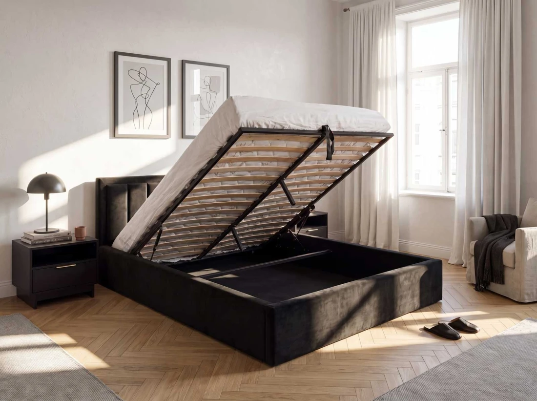 Kárpitozott ágy tárolóhellyel TOP line 9 Bluvel 19 160x200 Fekete
