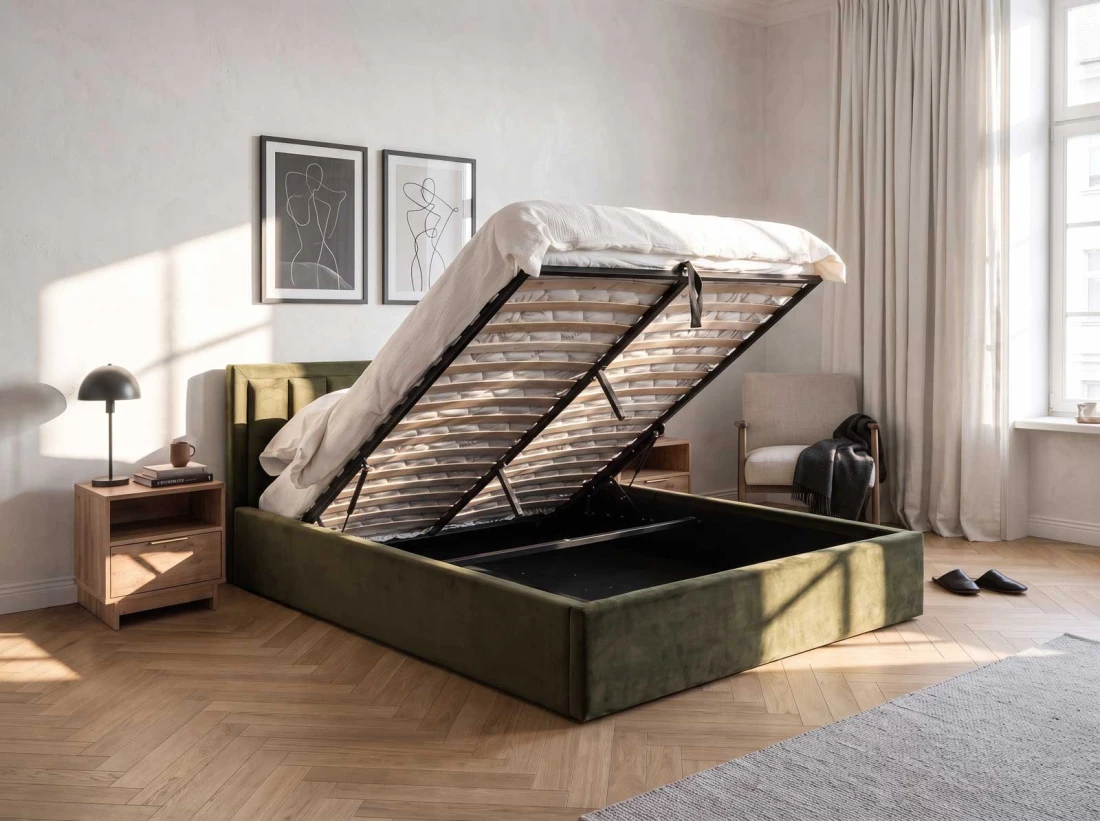 Kárpitozott ágy tárolóhellyel TOP line 9 Bluvel 77 140x200 Olíva