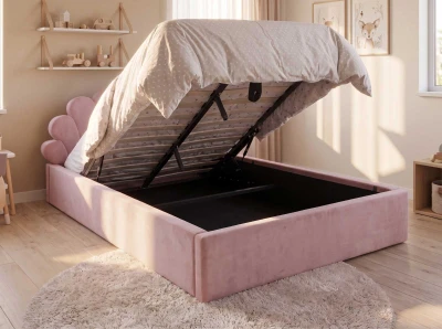 Kárpitozott gyerekágy 120x200 as konténerrel és kerettel, rózsaszín színű Velvet Kids Line 3 Kagyló