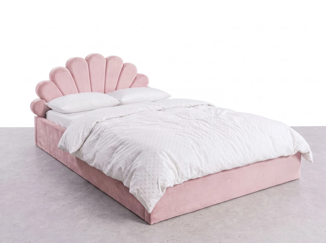 Kárpitozott gyerekágy 120x200 as konténerrel és kerettel, rózsaszín színű Velvet Kids Line 3 Kagyló
