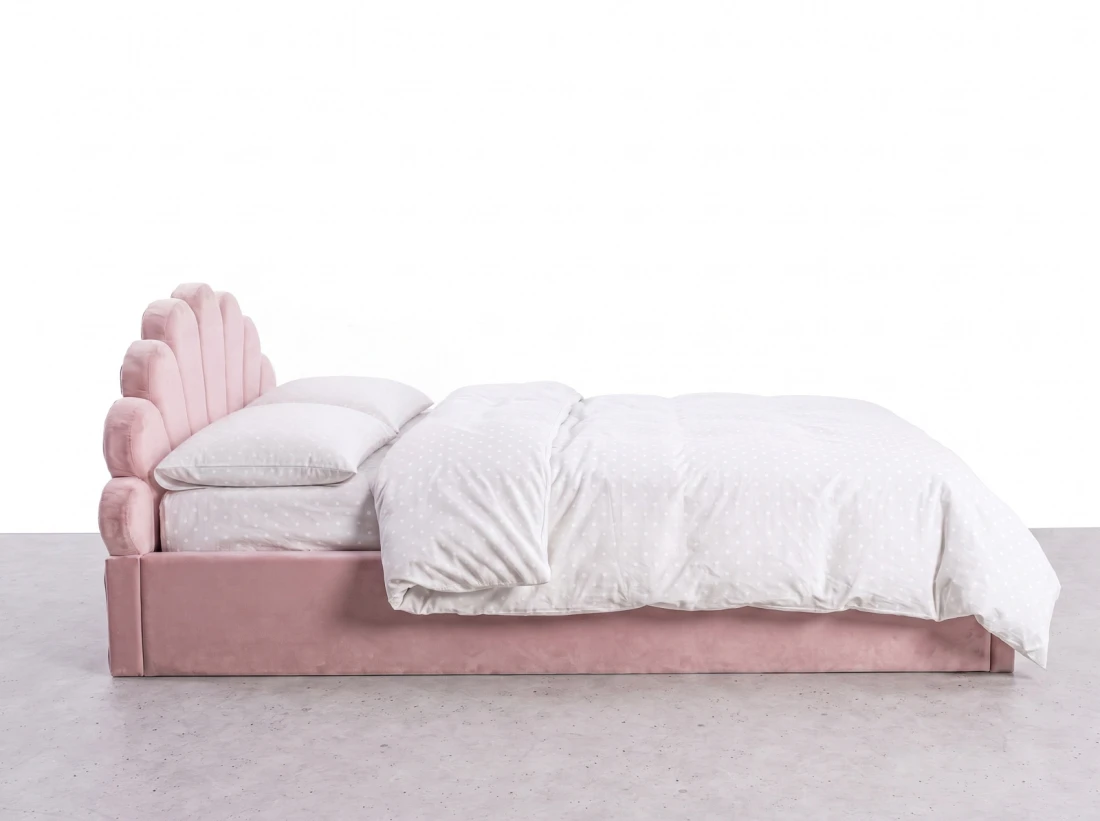 Kárpitozott gyerekágy 120x200 as konténerrel és kerettel, rózsaszín színű Velvet Kids Line 3 Kagyló